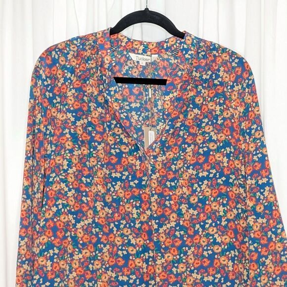 Tucker NYC Long Sleeve Polo Blouse Blue Sweet Pea in Crepe de Chine Silk Top - Picture 2 of 8